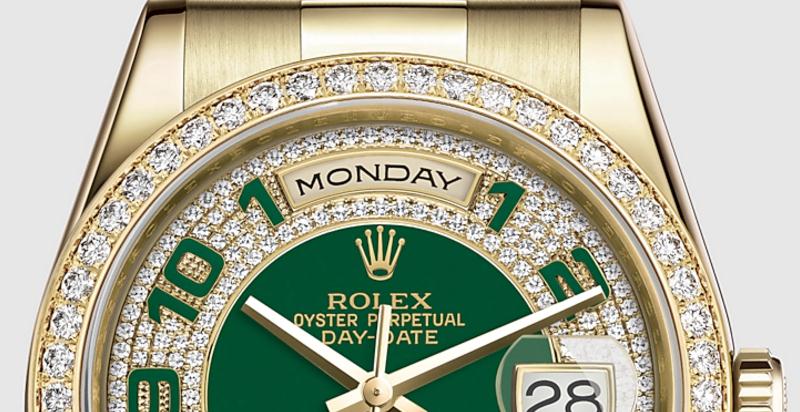 The luxury fake Rolex Day Date 118348 watches are made from yellow gold and diamonds.