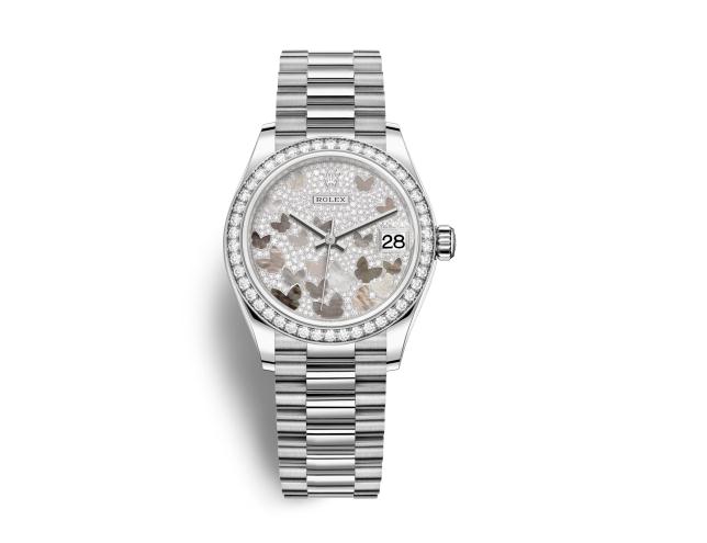 The precious fake Rolex Datejust 31 278289RBR watches are made from white gold and decorated with diamonds.